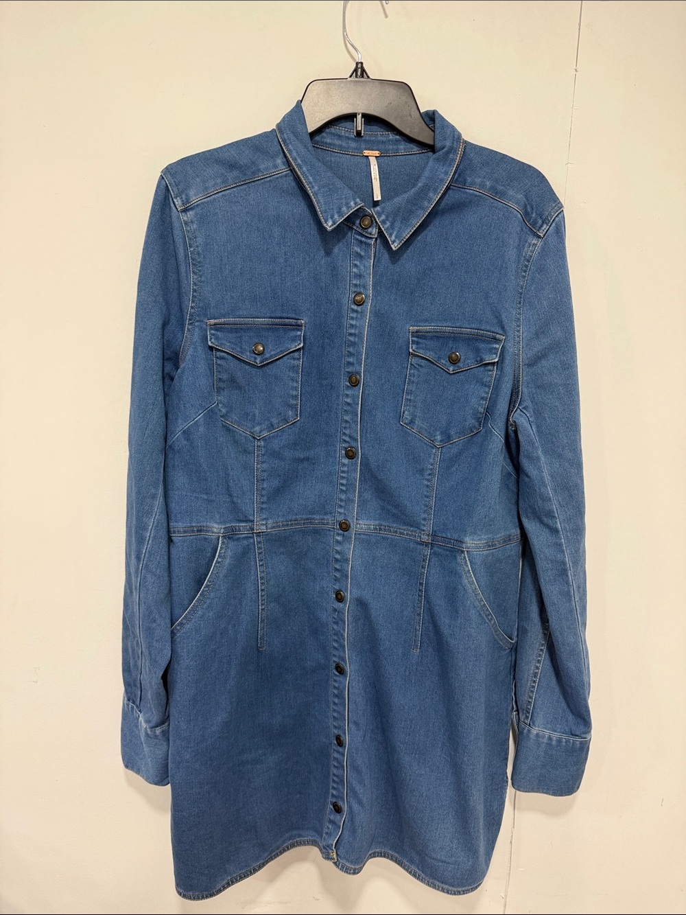 Free People Dynomite Denim Mini Shirt Dress Size: LARGE - Picture 3 of 10